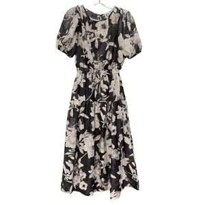 Anne Klein XS Floral Puff Sleeve Tiered Midi Dress Black Beige